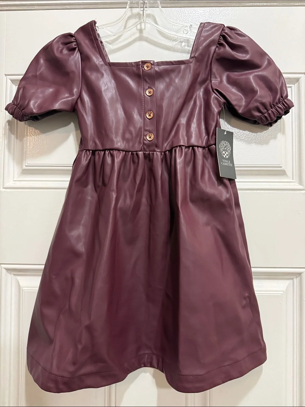Vince Camuto Girls' Faux Leather Puff Sleeve Dress in Plum